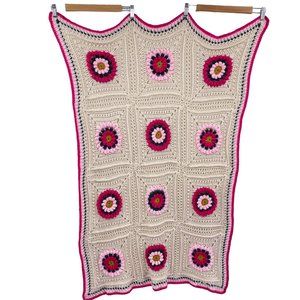 Crochet Square lap blanket Afghan floral squares‎ magenta pink soft hand crochet